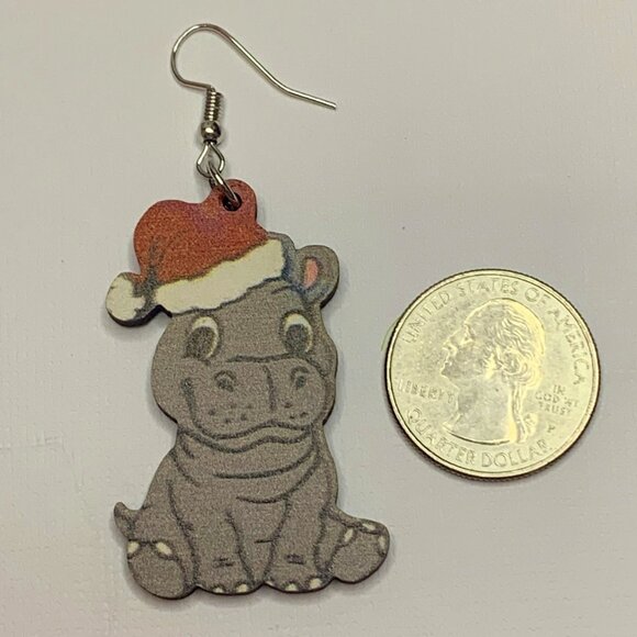 Hippo Earrings, Santa Earrings, Christmas Earrings, Gift Idea, Silly Earrings - Picture 2 of 4